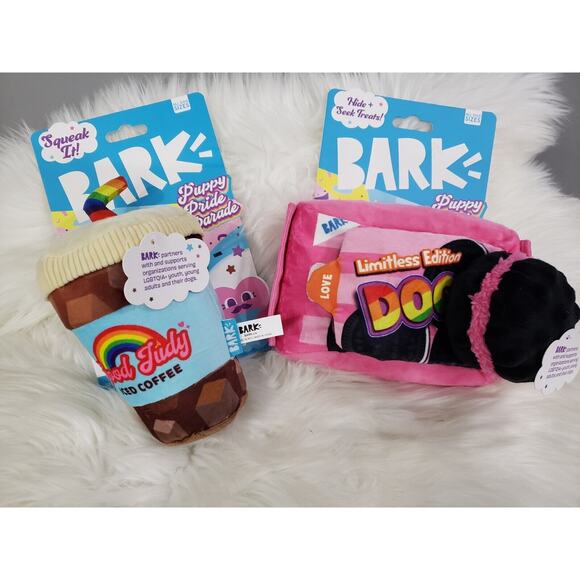 2 NEW BARK BOX gay pride rainbow iced coffee squeak crinkles lgbtq lot dog toys - Picture 1 of 7
